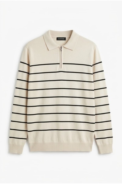 sunfyre Men’s Striped Half-Zip Polo Collar Knit Sweater SUN617
