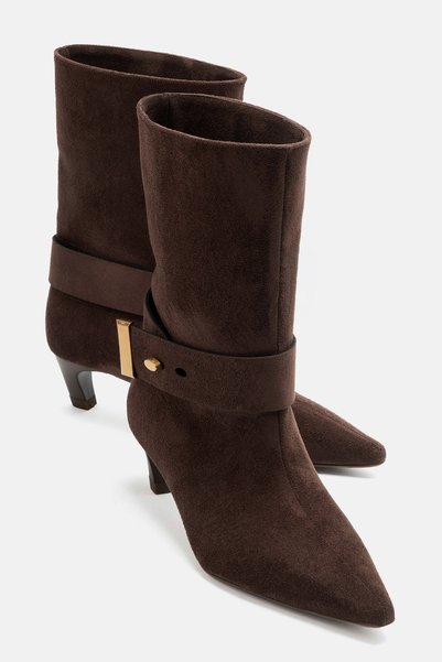 LuviShoes حذاء بوت نسائي قصير الكعب، باللون البني، مصنوع من جلد الشمواه، مع ح...