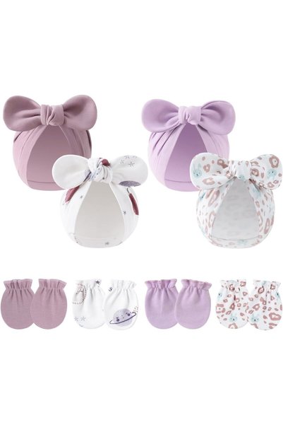 Generic 4 Sets Newborn Baby Hats and Mittens, Beanie Bow Infant Caps Cotton, ...