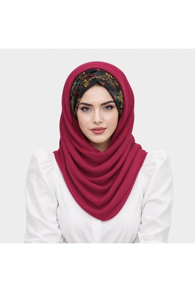 Moda Çizgi فوشيا نمط زهرة سوداء شال جاهز