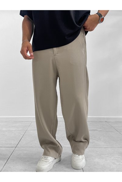 BYBASICMAN Bež široke pantalone od somota WE-5122