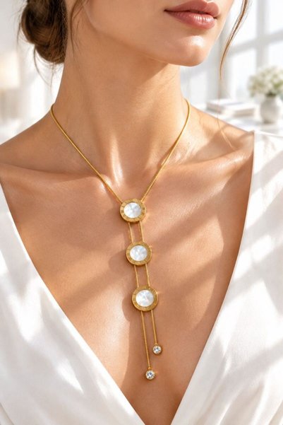 Monalisa Home Gold-Colored Steel Necklace with Three Rings, Roman Numerals, a...