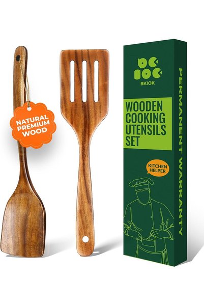 Generic ملعقة خشبية للطبخ، مجموعة ملاعق خشبية طويلة المقبض مصنوعة من خشب السا...