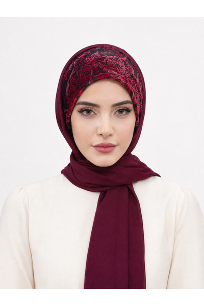 Moda Çizgi شال باندانا مطبوع باللون العنابي مع أربطة