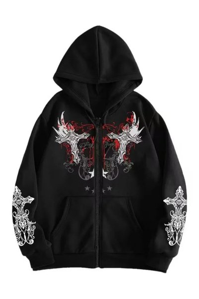 LOTS MODA Hırka - Siyah Baskılı Kışlık Oversize Kapüşonlu Fermuarlı Cepli Hırka Unisex giyim