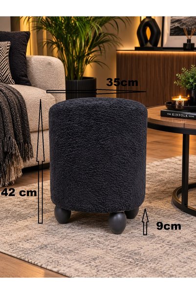 e-plus Dada Ahşap Ayaklı Peluş Silindir Puf siyah | Dekoratif Makyaj Masası, ...