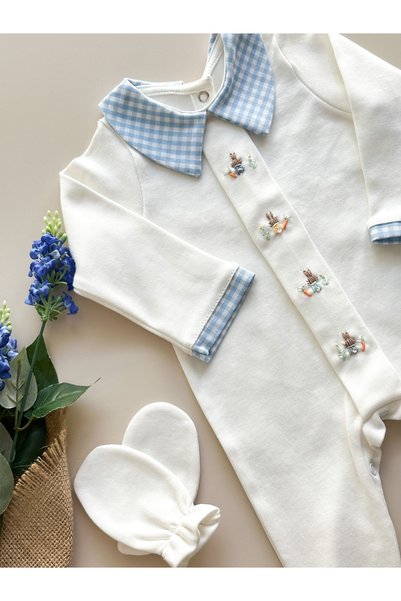 Mama Miel Baby Hand-Embroidered Blue Gingham Fabric Newborn Romper, Hat, and ...