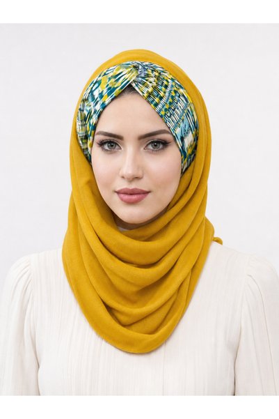 Moda Çizgi شال جاهز منقوش باللون الخردل