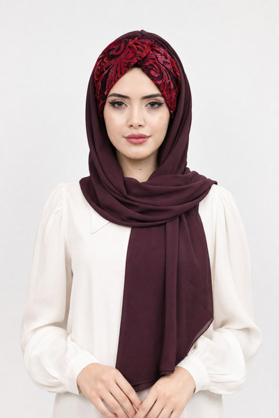 Moda Çizgi شال ملتوي بنمط زهرة بورجوندي جاهز