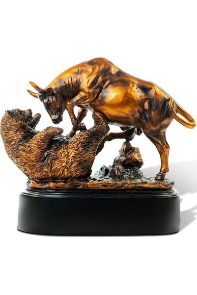 Generic Bronze Electroplated Resin Bull & Bear Sculpture Statue 25cm W X 24cm H