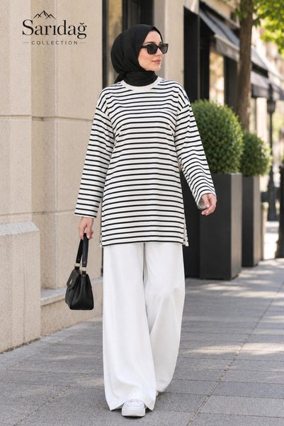 sarıdağ Striped Modal Tunic with Short Sleeves, Relaxed Fit, Oversized Fit, S...