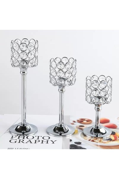 Generic 3 Pcs Crystal Candle Holders, 3 Sizes Silver Tall Candlestick, Pillar...