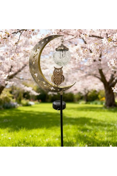 Choice 0-5W Warm White Solar-Powered Moon-Shaped Ground Light with Owl & Glas...