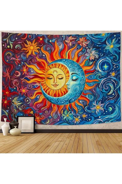 Generic Sun and Moon Tapestry Boho Hippie Orange Red Blue Floral Tapestry for...