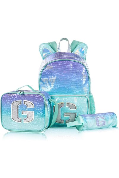 Generic 17" Set of 3 Backpack w/Lunch Bag and Pencil Case - Girl Glitter Green