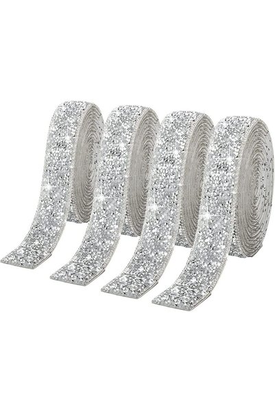 Generic 4 Rolls Silver Glitter Resin Rhinestone Ribbons Self-Adhesive Belt Sp...