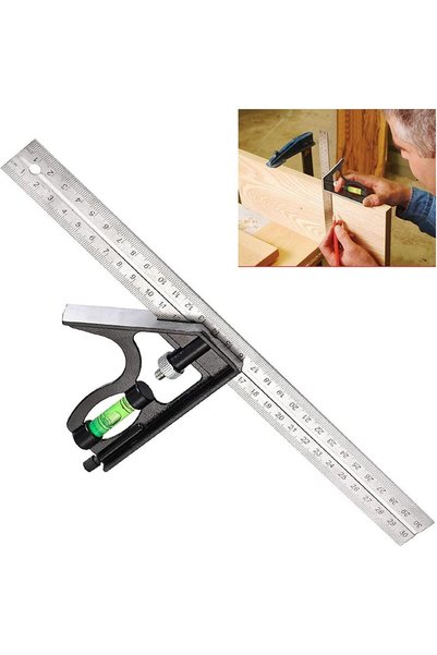 Generic Combination Square, Stainless Steel Double Sided Ruler with Bubble Le...