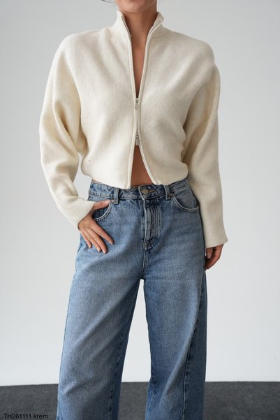 CADDELAMODA Women's Mock Neck Double-Zip Batwing Sleeve Premium Cardigan