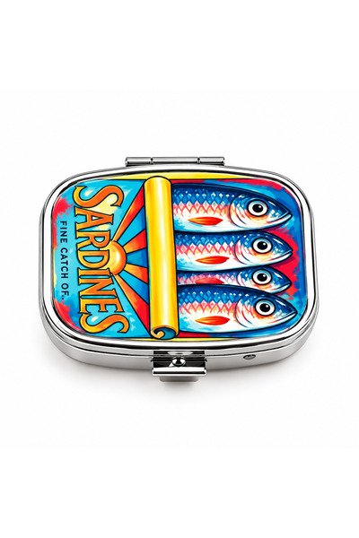 Choice A Sardines Print Metal Pill Box Compact Medicine Case Travel 2 Compart...