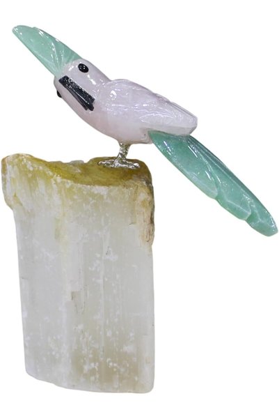 Generic Latas Natural Hand Carved Rose Quartz With Green jade Bird in Crystal...