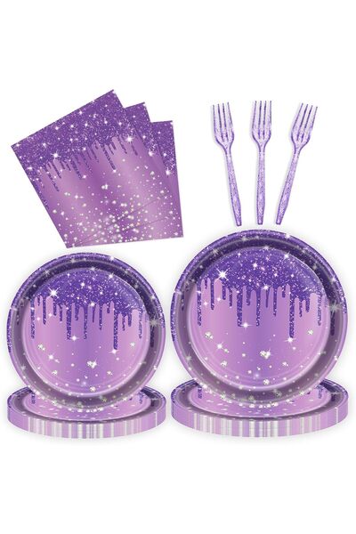Generic 80 Pcs Purple Silver Plates and Napkins Party Supplies, Disposable Fo...