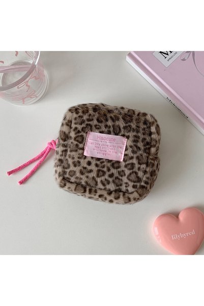 Choice brown Fashion Trendy Plush Square Leopard Pattern Makeup Bag Winter Cu...