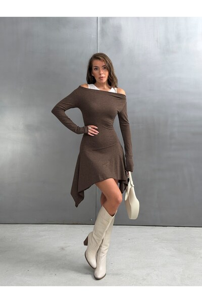 CrepTekstil Women's Off-the-Shoulder Asymmetrical Dress, Brown – Tank Top Nec...