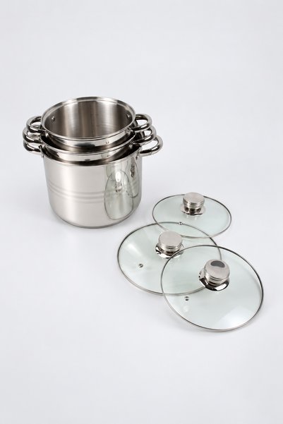BLACK Set de 3 Oale din Inox cu Capace de Sticlă BLACK, Inducție, 6 și 8 L, 5