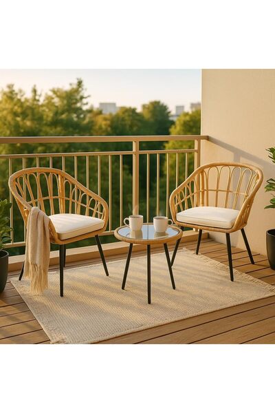 Harmony Home 3-Piece Off-White Rattan Patio Bistro Set – 2 Chairs + Glass Tab...