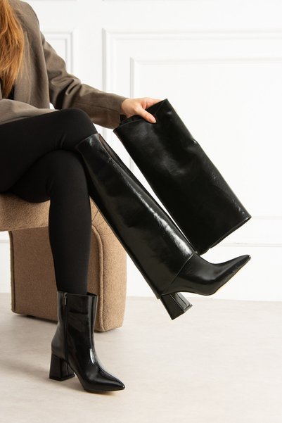 SEFERİ Women's Black Shiny Snap-On Dust-Covered Boots with Buckle Detail