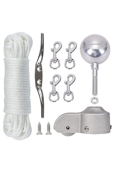 Generic Flagpole Hardware Kit,50ft Halyard Rope Chrome Cleat Snap Hooks Finia...