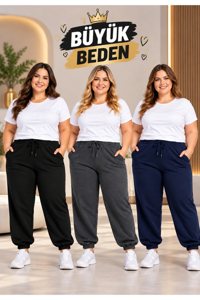 selcia AVANTAJLI 3'LÜ PAKET KADIN LASTİK PAÇALI BÜYÜK BEDEN EŞOFMAN ALTI