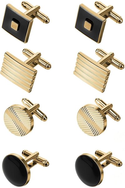 Generic 4 Pairs Men’s Cufflinks Set, Gold & Silver Striped, Disc, Square, and...