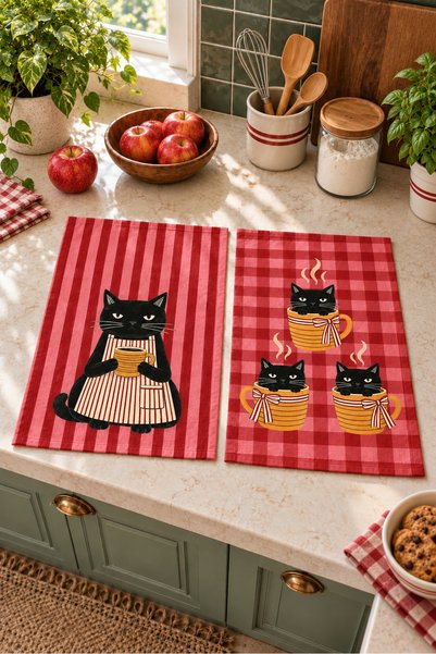 Evmila Coffee Cat Digitally Printed 2-Piece Kitchen Towel Set with Black Cat ...