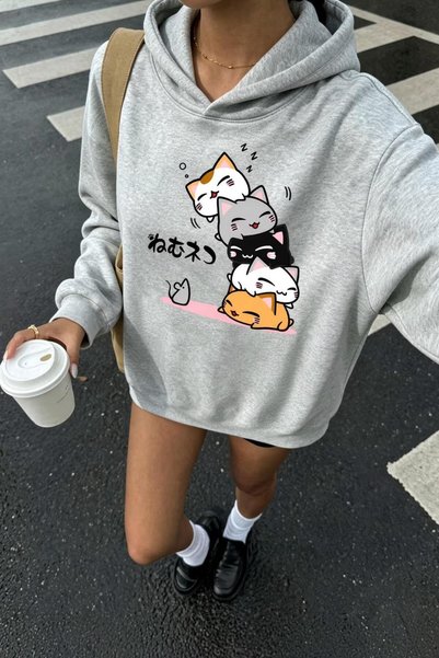 Oksit Sw Anime Cat-Print Oversized Sweatshirt, Women's Hooded Top with Brushe...