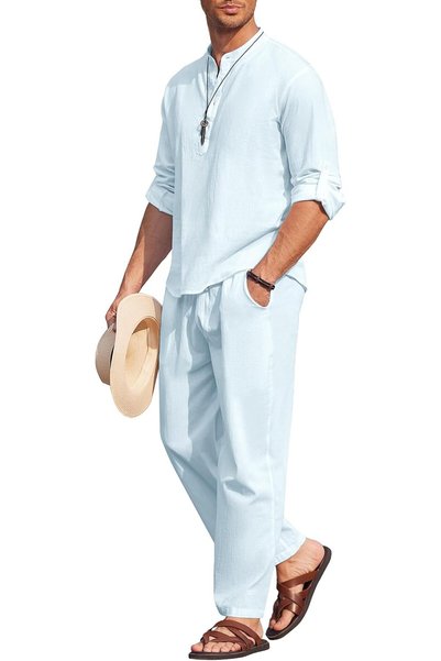 Generic Men's 2 Pieces Cotton Linen Set Casual Long Sleeve Henley Shirts Beac...