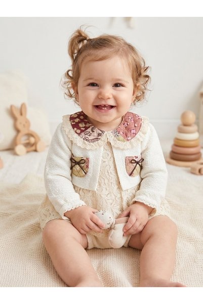 Öztürkpartievi Girls' Vintage-Style Quilted-Collar Jacket and Lace-Detailed J...