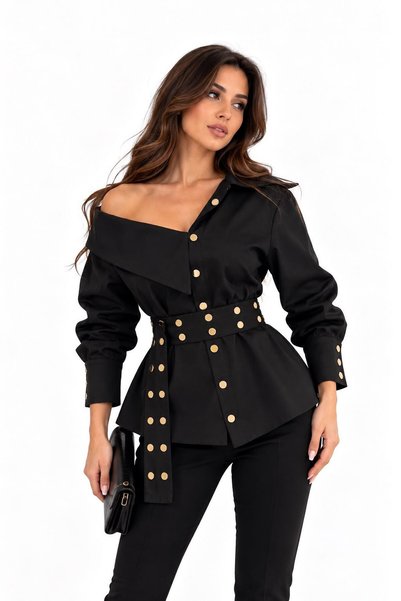 MODANESS Gold Düğme Detaylı Asimetrik Yaka Kuşaklı Kadın Gömlek Siyah MDNSS34