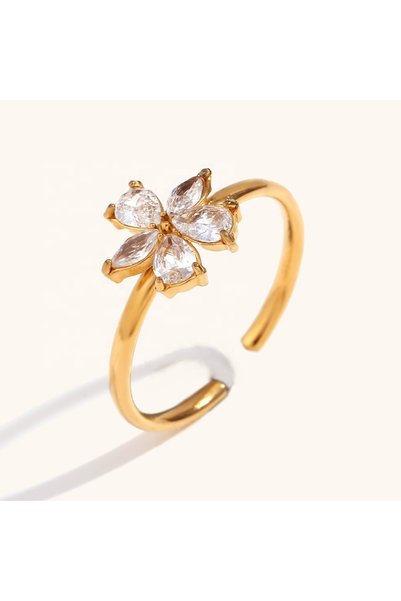 Tessero Inel reglabil dama Crystal Flower placat cu aur, design floral elegan...