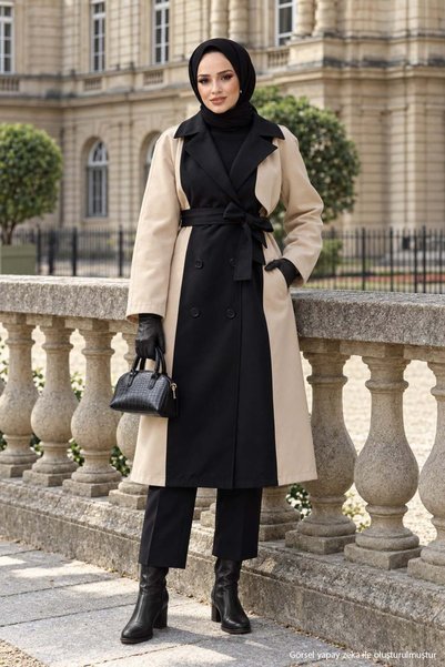 hafsamina Two-Tone Belted Trench Coat, Beige HM2983