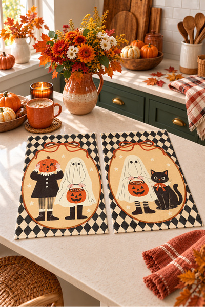 Evmila Spooky Portrait: Digital Print Kitchen Towel Set of 2 with Ghost and P...