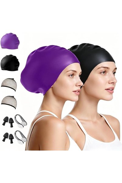 Generic قبعة سباحة كبيرة للشعر الطويل للنساء والرجال، عبوة من قطعتين، قبعات س...