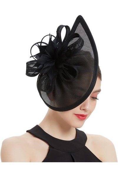 Generic Fascinator Hat with Feather Flower, Teardrop Pillbox Headpiece for Wo...