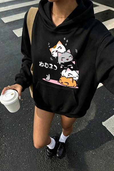 Oksit Sw Anime Cat-Print Oversized Sweatshirt, Women's Hooded Top with Brushe...