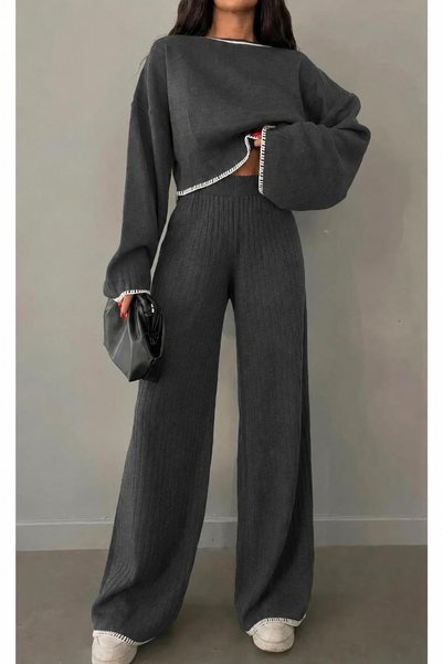 LİLOYA Women's Charcoal Grey Corded Fabric Knit Set - A Stylish and Comfortab...