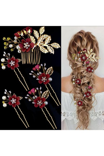 Generic 5 Pcs Burgundy Flower Wedding Hair Pins, Gold Crystal Pearl Rhineston...