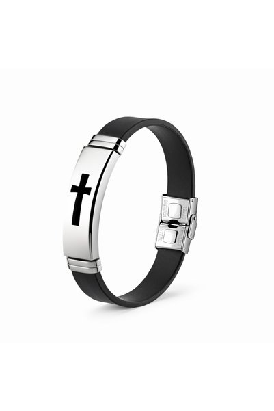 Tessero Bratara barbatesca din silicon negru si otel inoxidabil argintiu, des...