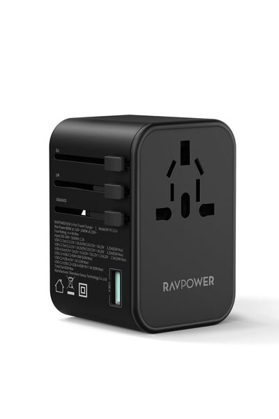 RavPower شاحن سفر PD 65 واط من بايونير الإصدار العالمي بثلاثة منافذ، أسود
