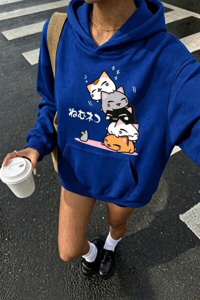 Oksit Sw Anime Cat-Print Oversized Sweatshirt, Women's Hooded Top with Brushe...