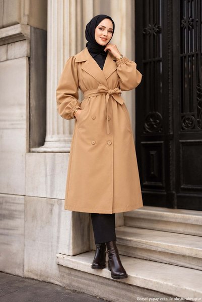 hafsamina Camel Belted Trench Coat with Shoulder Detail and Pockets, HM2985